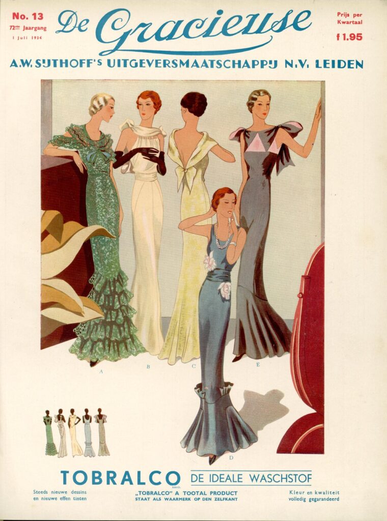 Titelbild von De Gracieuse von 1934, Modezeitschrift, fünf Abendkleider