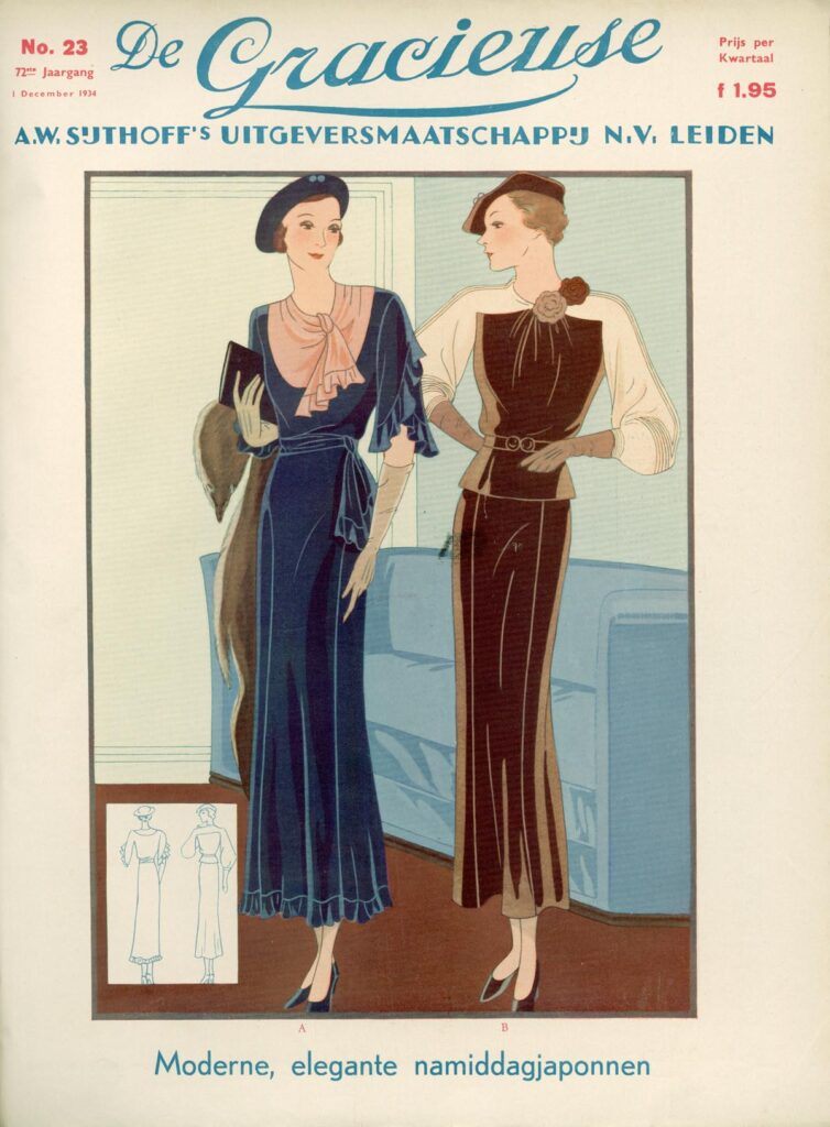 Titelbild von De Gracieuse, Modezeitschrift Niederlande 1934, zwei Tageskleider