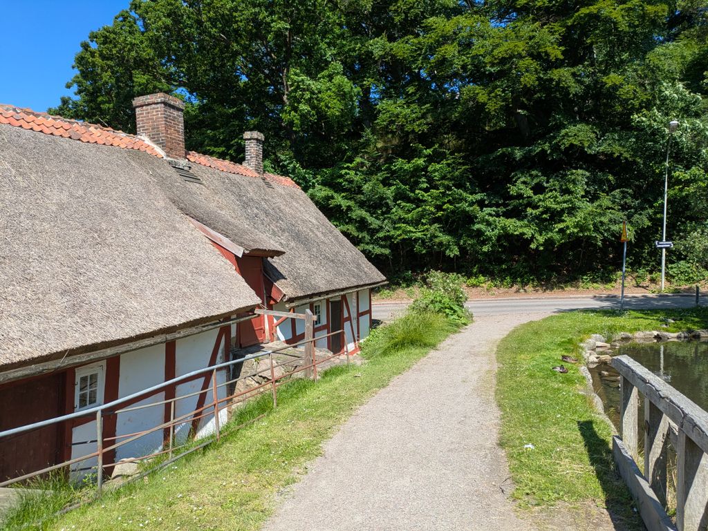 Idyllic thatched roof cottage beside a forest path on a sunny day, ideal for nature retreats.